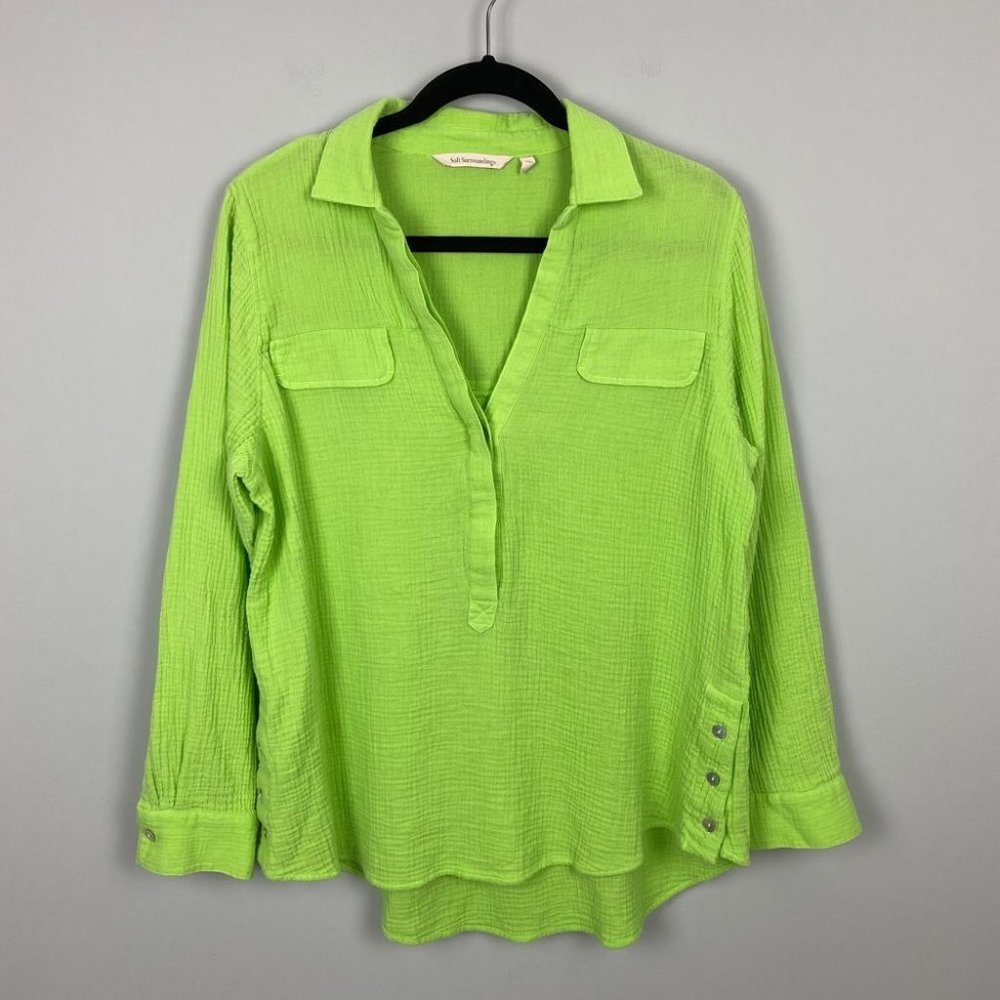 Soft Surroundings Lime Green Popover Gauzy Blouse Top L Oyster Shell But…
